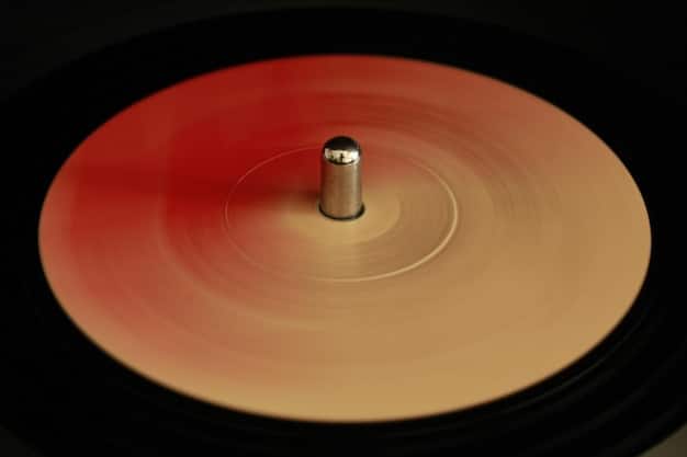 A close-up shot of a vinyl record of Megadeth's new album spinning on a turntable. The album cover is visible, showcasing the artwork and design. The image represents listening to the album in a classic, analog format.