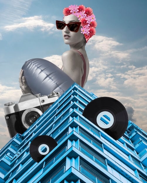 A visually striking collage of diverse music album covers, each representing different genres: rock, pop, hip-hop, electronic, country, and jazz. The word 