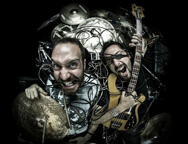 A split image featuring a classic deathcore band on one side and a modern band incorporating nu-metal elements on the other. Juxtapose the visual styles of the two bands, highlighting the differences and similarities in their aesthetics.