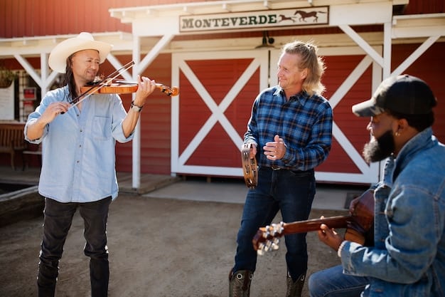 A live performance shot of an American folk metal band, depicting them using traditional American folk instruments like banjos and mandolins alongside standard metal instruments. The band is performing in front of an enthusiastic crowd in a dimly lit venue.