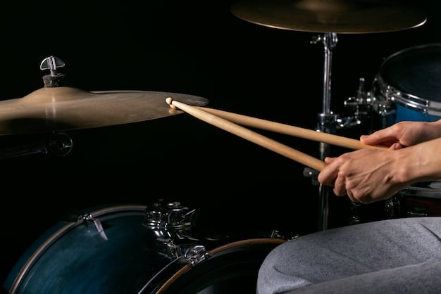 A detailed close-up of a drummer's hands and drumsticks hitting a snare drum and hi-hat in a groove metal style. The image highlights the precision and force behind each hit, conveying the physicality and intensity of the drumming.