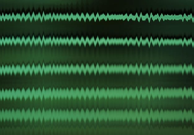 A waveform display showing a heavily distorted signal with sharp peaks and troughs, visualized by a spectrum analyzer. The image illustrates the aggressive and complex sonic textures characteristic of industrial metal sound design.