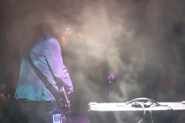 A live concert photograph showing a post-metal band performing on stage with intense lighting and smoke, capturing the energy and dynamic shifts characteristic of their live shows.
