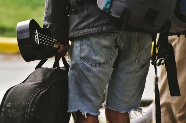 A close-up of comfortable concert attire, including breathable black t-shirt, dark jeans or cargo pants, and sturdy, comfortable boots or sneakers; a small backpack is also visible, containing earplugs, a water bottle, and a portable charger.