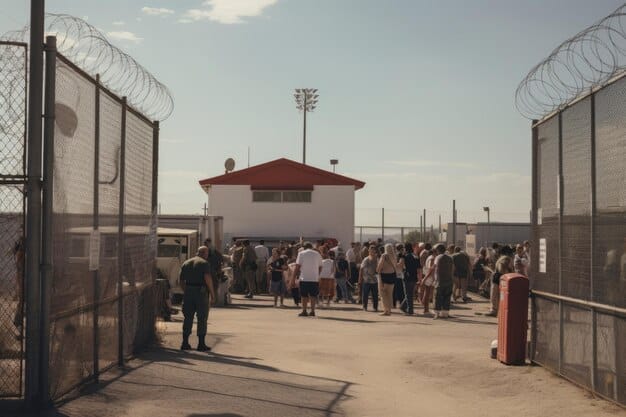 A long line of fans waiting patiently behind barricades near the backstage entrance of a concert venue. Some are holding albums and posters, while others are chatting excitedly among themselves. Security personnel are visible in the background, monitoring the crowd.
