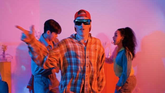 A group of concert-goers wearing haptic vests and AR glasses, interacting with the concert visuals and experiencing the music through tactile feedback. The expressions on their faces show excitement and immersion. The background is blurred, focusing on the group's interaction.
