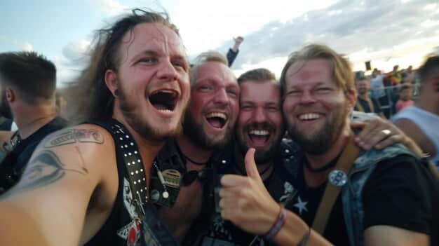 A group of heavy metal fans standing together at a concert, with their arms around each other, smiling. They are wearing band t-shirts and have long hair. The background is blurred, showing the concert stage and the rest of the crowd.