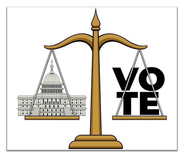 A stylized image depicting the scales of justice with a ballot box on one side and a voter ID card on the other, symbolizing the balance between voter access and election integrity.