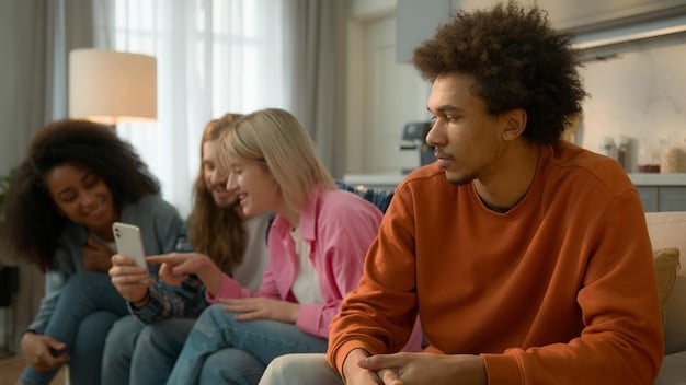 A diverse group of young adults sitting together, looking at their smartphones with expressions of concern and disbelief. Overlayed on the image are translucent speech bubbles filled with news headlines related to the 2024 election, with some headlines marked as 
