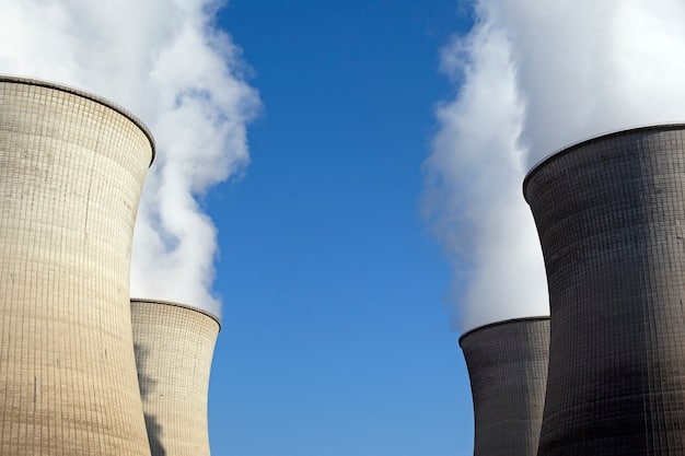 A split image showing a coal-fired power plant on one side and a solar panel array on the other, symbolizing the transition in the energy sector due to environmental regulations.