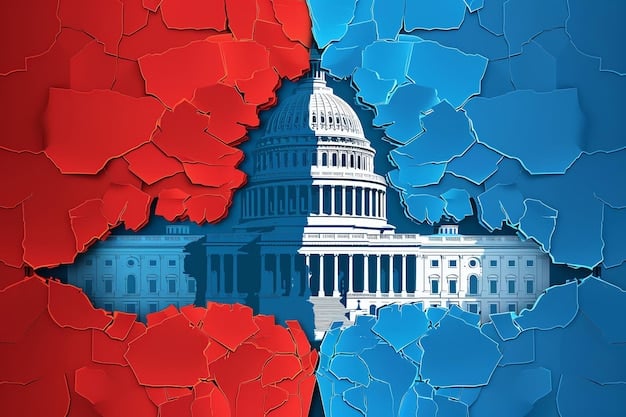A split image depicting the Republican and Democratic sides of the US Congress, with a visible divide between them. The image highlights the partisan tension and the challenges of bipartisan cooperation.