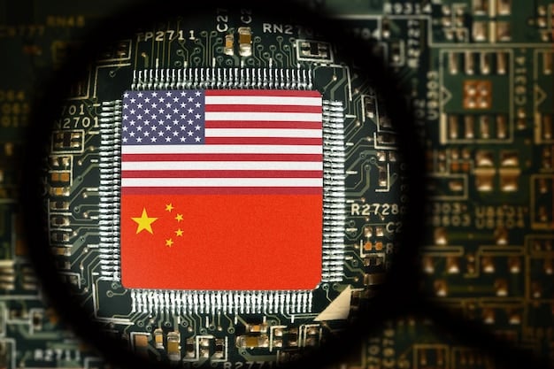 Close-up of a microchip with US and Chinese flag reflections, symbolizing the tech trade tensions between the two countries.