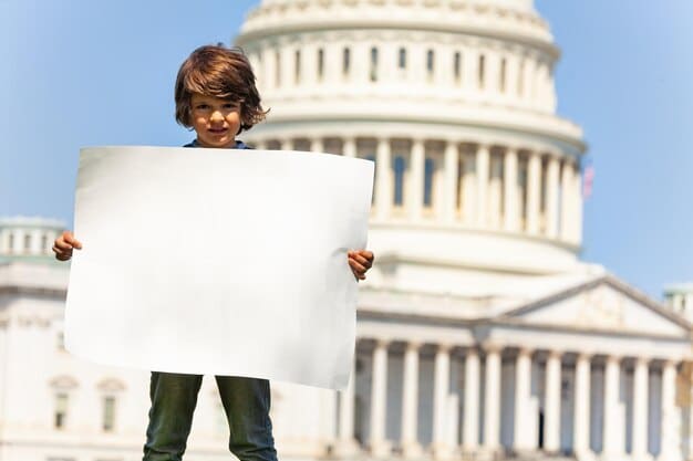A diverse group of people standing in front of the US Capitol building, holding signs advocating for immigration reform. The signs display messages of unity, compassion, and calls for policy changes.