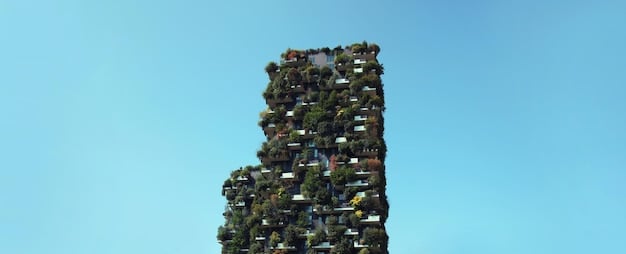 A futuristic cityscape with buildings covered in vegetation, solar panels integrated into the architecture, and electric vehicles on the streets, illustrating a vision of sustainable urban development driven by technology and innovation.