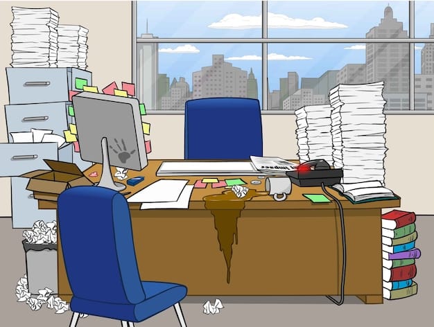 Interior view of a researcher's office at a think tank. A desk overflowing with papers, computer screens displaying data and reports, and bookshelves filled with academic books and policy briefs. Sunlight streams through a window, creating a productive yet intense work environment.