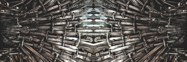 An eye-level close-up shot of a stack of various assault riffles, with the gun metal gray and black colors highly contrasted.