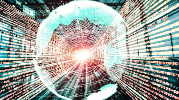A digital representation of a network being attacked by multiple sources, with lines of code and visual cues indicating intrusion attempts against US government and infrastructure targets.