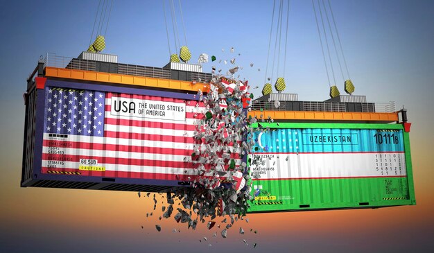 A split image comparing a bustling US port with ships offloading goods, representing economic activity, and a tense diplomatic meeting, symbolizing the political frictions caused by trade negotiations.