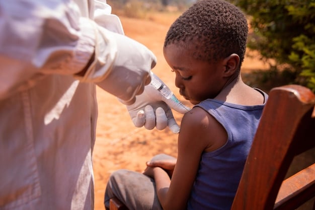 A doctor in a rural African clinic administering a vaccine to a child. Behind them are other children and their parents, waiting for their turn. The scene is filled with anticipation and trust, highlighting the importance of accessible healthcare.
