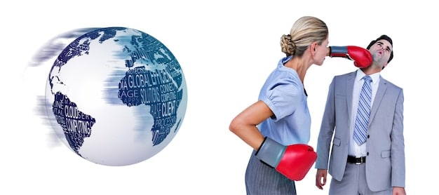 A collage of images representing various challenges that American businesses face in Asia, including bureaucratic red tape, cultural misunderstandings, and logistical hurdles.