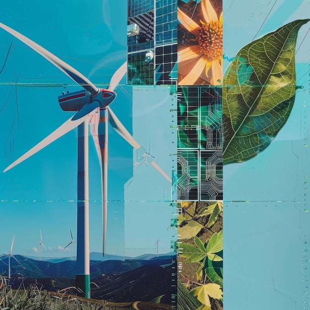 A collage of images showing various renewable energy sources (solar panels, wind turbines, hydroelectric dam), symbolizing the transition to clean energy.