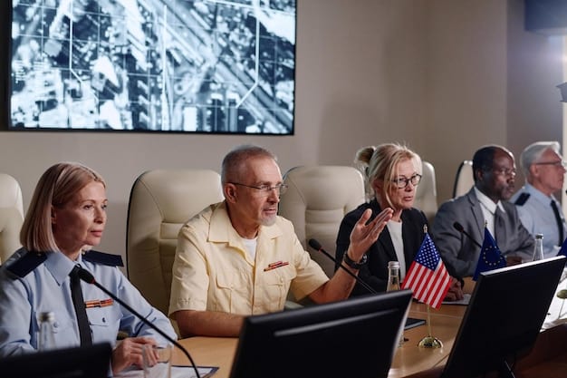 A high-level meeting between US diplomats and officials from a host country, discussing peacekeeping strategies.