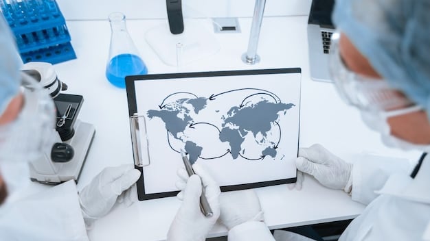 A scientist in a US laboratory working alongside international researchers, analyzing data from a global study on emerging infectious diseases.