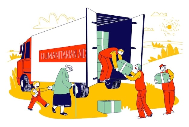 A cargo plane unloading boxes of food and medical supplies at a disaster-stricken area, illustrating US logistical support for humanitarian aid delivery. The scene should show coordinated efforts and a sense of urgency.