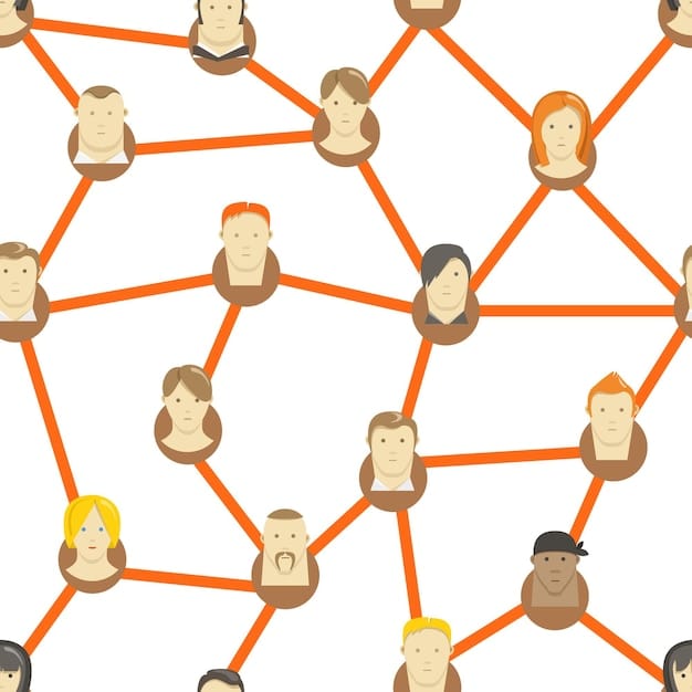 A network diagram showing a cluster of fake social media profiles connected to a central source spreading disinformation. The profiles are diverse in appearance, mimicking real users.