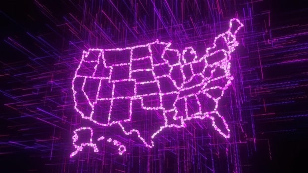 A political map of the United States highlighting swing states in purple and states projected to gain or lose electoral votes in 2025 in contrasting colors with labels for each state category.