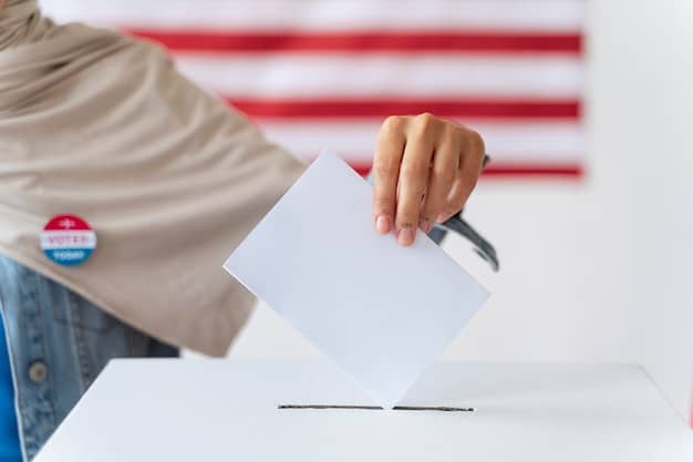A person filling out a voter registration form at a table, with various identification documents such as a driver's license and a passport nearby. The person looks focused and determined.
