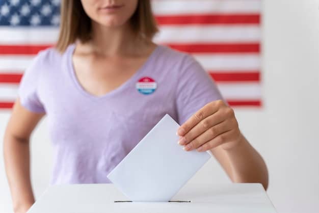 A voter carefully reviews a sample ballot at home, highlighting key candidates and measures. A voter guide and pen are on the table next to the ballot.