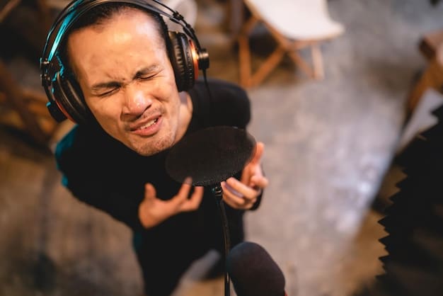 A close-up shot of a nervous band member sweating slightly during a record label interview. The focus is on their anxiety and discomfort, emphasizing the high-pressure environment.
