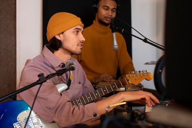 A band practicing their talking points before an interview, using a teleprompter and rehearsing their answers while looking at a camera screen. The room is well-lit with professional lighting equipment.