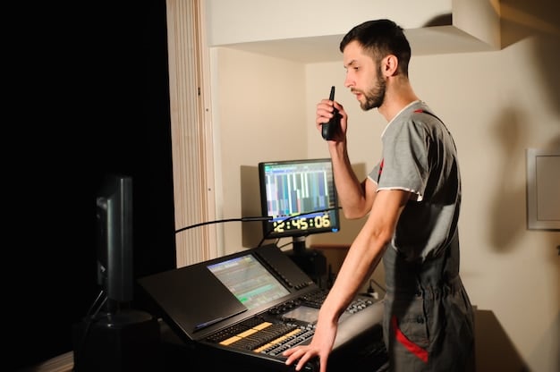 A sound engineer adjusting the levels for a band during an interview, focusing on clear audio capture. The setting is a professional studio with high-quality recording equipment.
