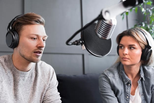 A close-up shot capturing the engaged expressions of podcast hosts and band members during an interview. The microphones and studio equipment subtly frame the scene, highlighting the intimate and conversational nature of the podcast.
