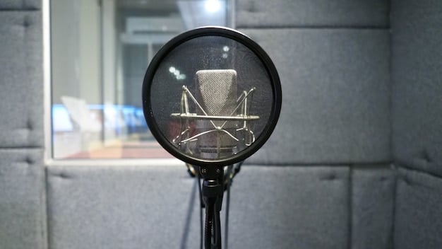 A microphone on a stand in a recording studio, surrounded by soundproofing panels. The lighting is soft and focused on the microphone, symbolizing the importance of clear communication.