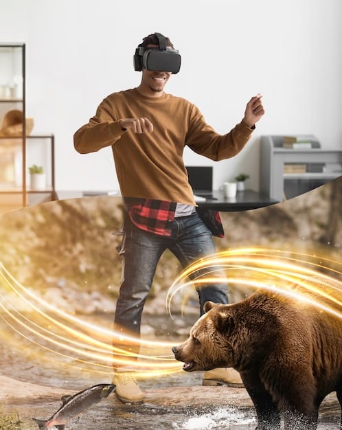 A person wearing a virtual reality headset and holding controllers, interacting with a virtual environment that simulates being backstage at a concert. There are virtual band members visible on a screen in the background.