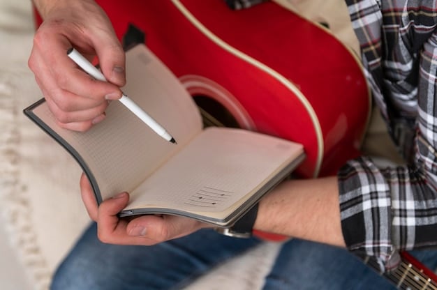 A close-up shot of a band member writing lyrics in a notebook, illuminated by a lamp. The image should focus on the creative process and the dedication behind the music, emphasizing the band's commitment to their craft.