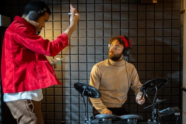 Two band members facing each other, practicing gestures and facial expressions in a rehearsal room. They are using a mirror to monitor their body language, with one member giving feedback to the other, emphasizing the importance of coordinated and engaging non-verbal communication.
