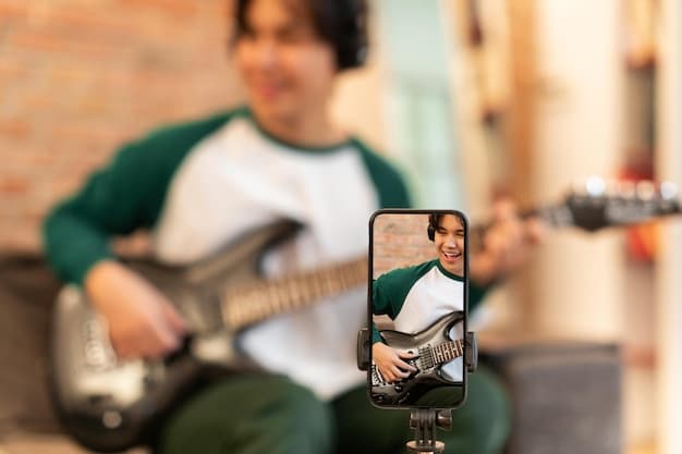 A phone screen displaying a social media post of the band being interviewed on a popular music blog, with the caption 