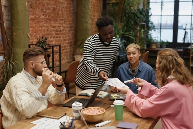 A diverse group of people sitting around a table, engaged in a lively discussion. They are reviewing documents and charts with concerned expressions, suggesting they are working on a crisis management strategy.