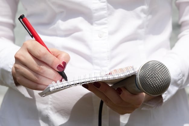 A close-up of an interviewer's notepad during a band interview, showing handwritten notes, circles around names, and highlighted keywords, against a backdrop of blurred band members.