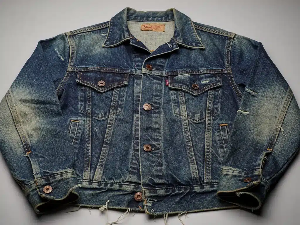 Detailed close-up of a well-preserved 1940s denim jacket, showcasing its craftsmanship and authentic vintage character.