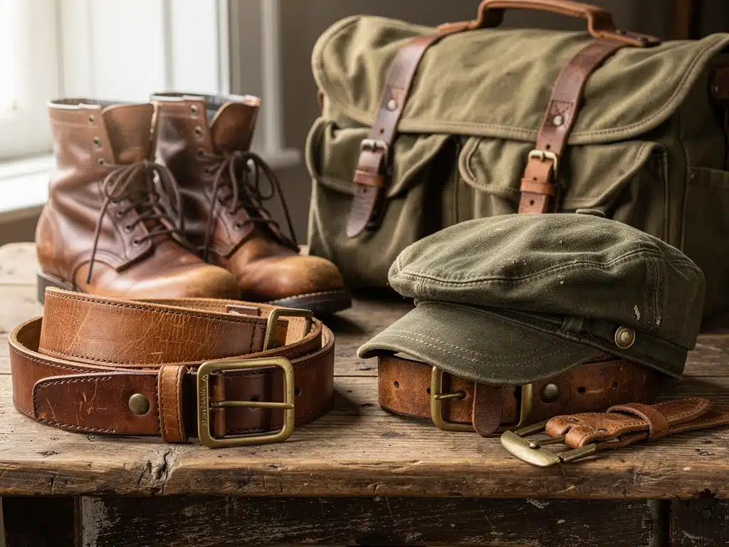 Assortment of durable and stylish 1940s vintage workwear accessories, including belts, boots, and bags, on a wooden surface.