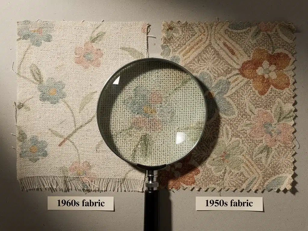 Fabric comparison of 1950s and 1960s vintage dresses, highlighting material differences.