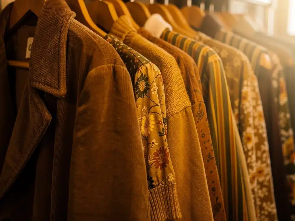 Detailed view of 1970s vintage clothing on a rack, showcasing textures and patterns.