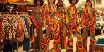 Dynamic collage of 1970s vintage fashion trends, featuring models in wide-leg pants and flowing dresses.