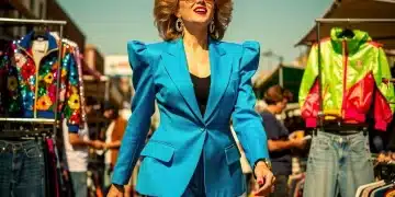 Woman in 1980s power suit at vintage market