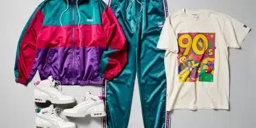 Collection of iconic 1990s athleisure vintage clothing and accessories on display.